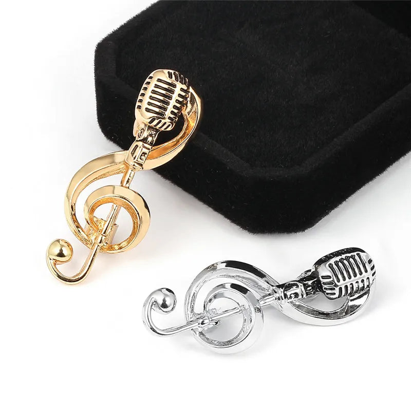 Fashion Microphone Music Note Brooches For Women And Men Gifts Gold Color Lapel Pin Men Backpack Bags Badge Kids Gifts