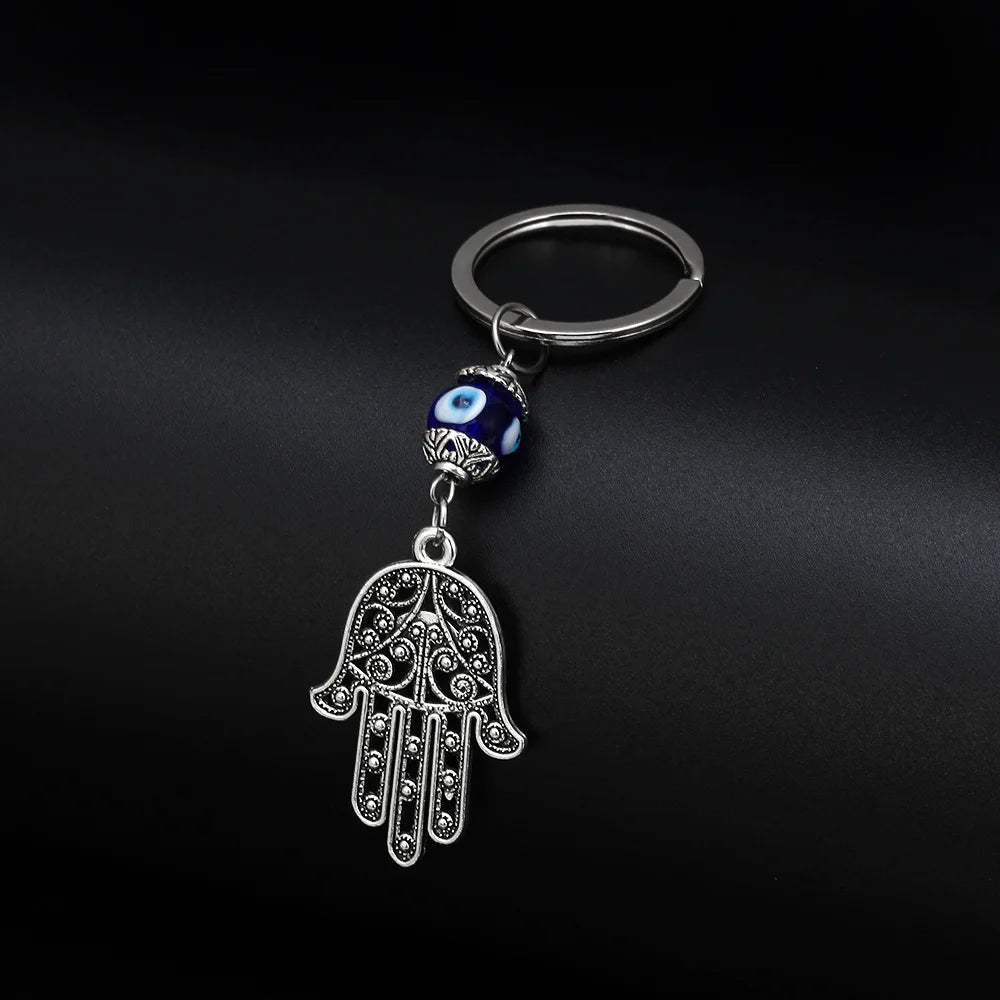 LUCKY EYE Tree Fatima Hamsa Hand Evil Eye Pendant Keychain Silver Color Ring Key Chain Car Keyring for Women Men Jewelry BE29