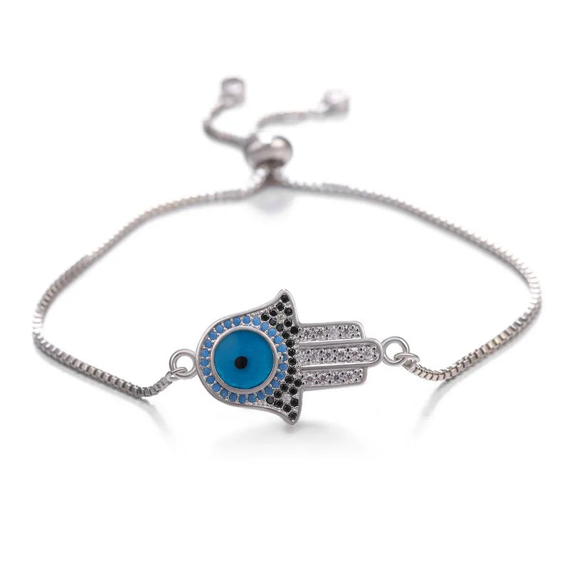 Juya Handmade Copper Adjustable Chains Micro Pave Zircon Enamel Greek Evil Eye Of Fatima Hamsa Hand Bracelets For Women Men