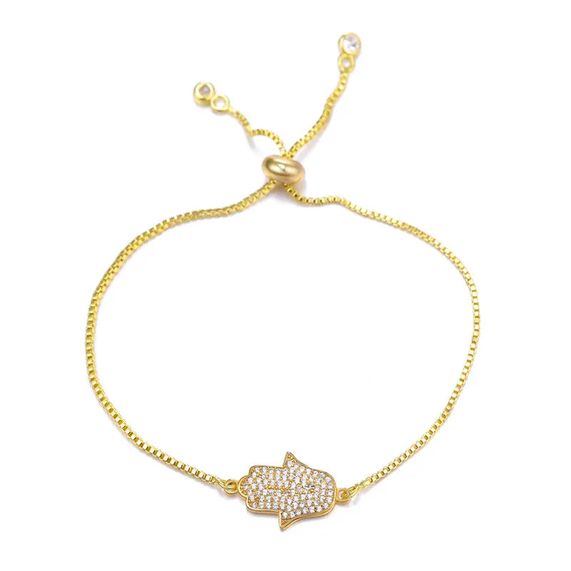 Juya Handmade Copper Adjustable Chains Micro Pave Zircon Enamel Greek Evil Eye Of Fatima Hamsa Hand Bracelets For Women Men