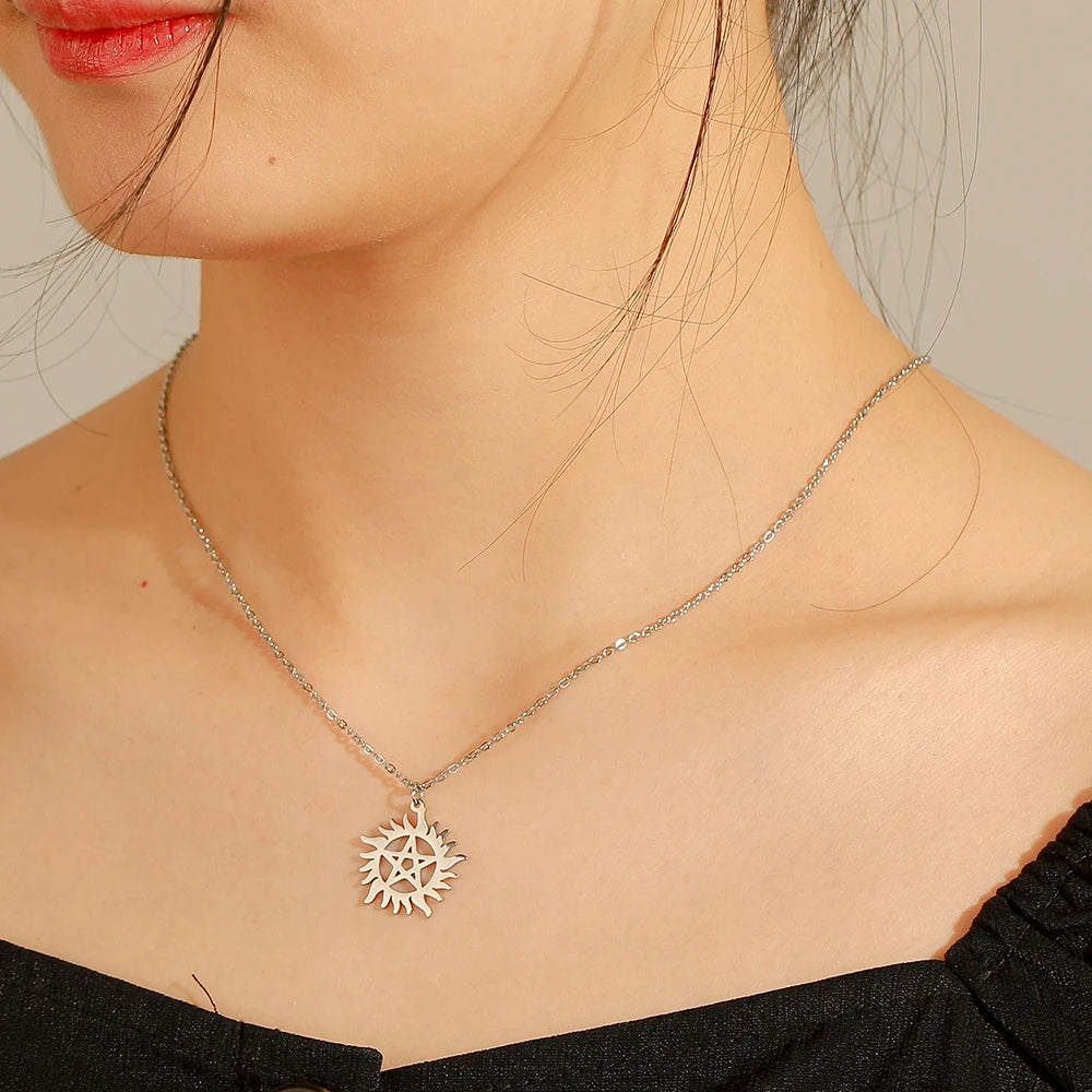 Skyrim Stainless Steel Shining Sun Pentagram Pendant Necklace Supernatural Dean Statement Box Chain Necklaces Couple Women Men