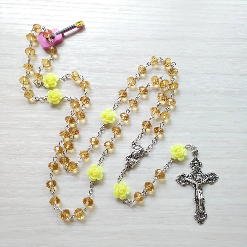 QIGO Pink Rose Crystal Rosary Necklace Catholic Vintage Cross Pendant Long Necklace Religious Jewelry