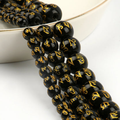 8/10mm Six Word Mantra Prayer Feng Shui Beads Black Obsidian Agate Round Buddha Beads for DIY Bracelets Jewelry Making Accsories