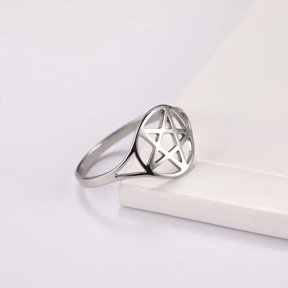 Skyrim Pentagram Hexagon Rings for Women Stainless Steel Star of David Jewish Finger Ring Religious Amulet Anniversary Jewelry