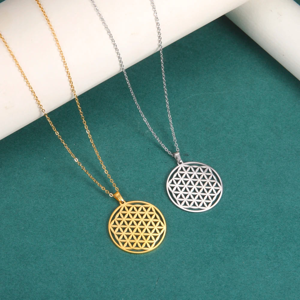 Flower of Life Sacred Geometry Necklace Stainless Steel Mandala Neck Chain Women Men Vintage Universal Spiritual Jewelry