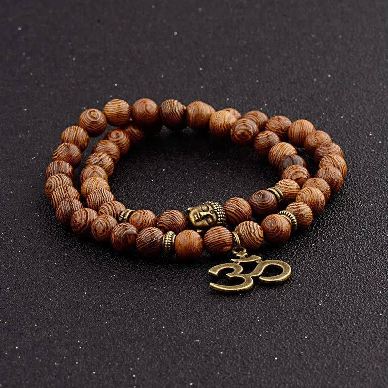 Multilayer Wood Beads Buddha Lotus OM Bracelet Tibetan Buddhist Mala Charm Rosary Bracelet Yoga Wooden For Women Men Jewelry