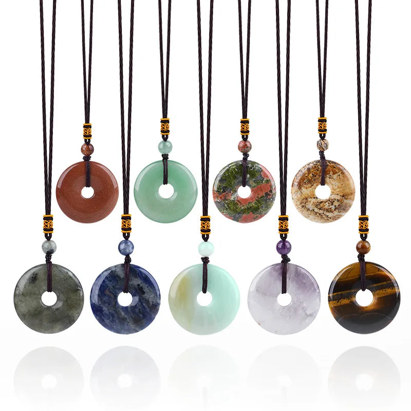 Reiki Healing Crystal Circle Donut Necklace Natural Amethyst Stone Amulet Lucky Coin Pendent Necklace Jewellry Gift Dropshipping