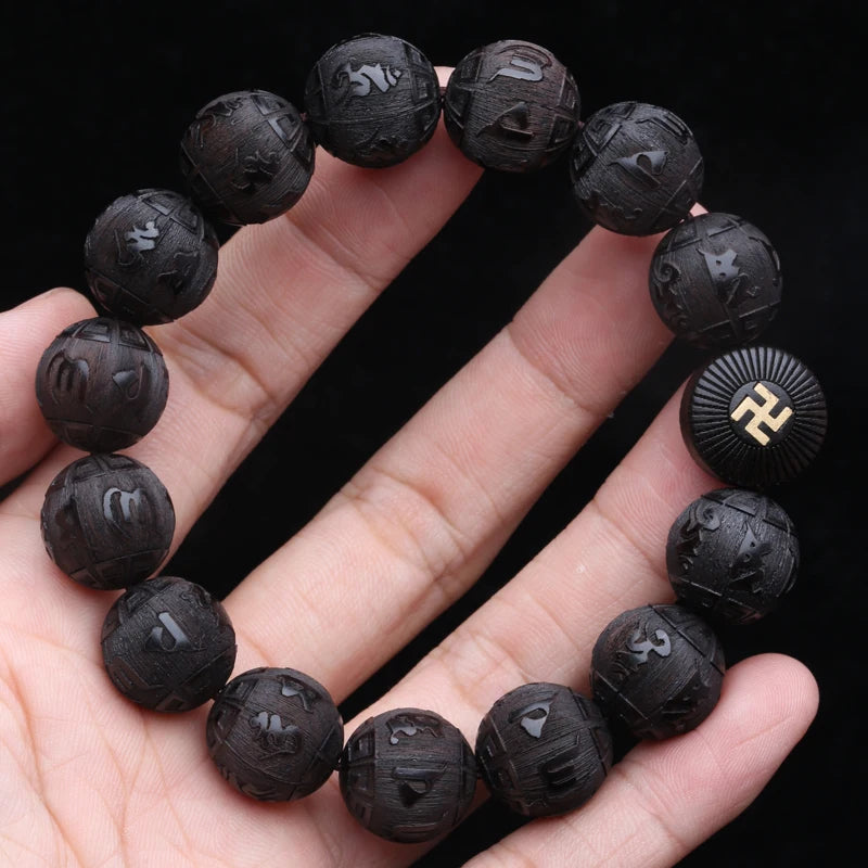 Authentic Natural Ebony Tibetan Six-Character Mantra Tibetan Prayer Wheel Bracelet 15mm Unisex Bracelet