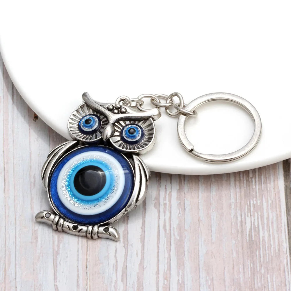 Blue Evil Eye Owl Lucky Charm Car Key Chain Protection Tassel Hanger Crystals Car Key Chain Fashion Jewelry Gift Car Accessories
