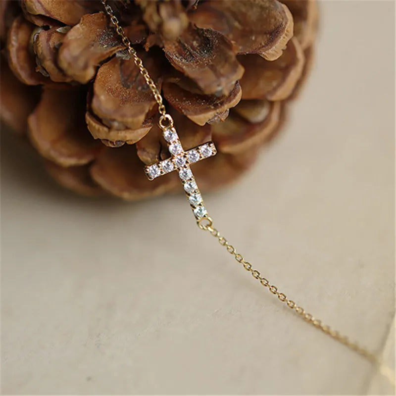 Timeless Classic Inlaid Zircon Cross 925 Sterling Silver 14K Gold Plated Thin Bracelet for Women Party Jewelry Gifts