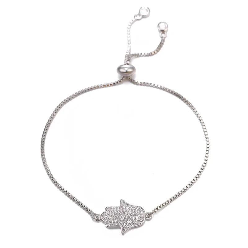 Juya Handmade Copper Adjustable Chains Micro Pave Zircon Enamel Greek Evil Eye Of Fatima Hamsa Hand Bracelets For Women Men