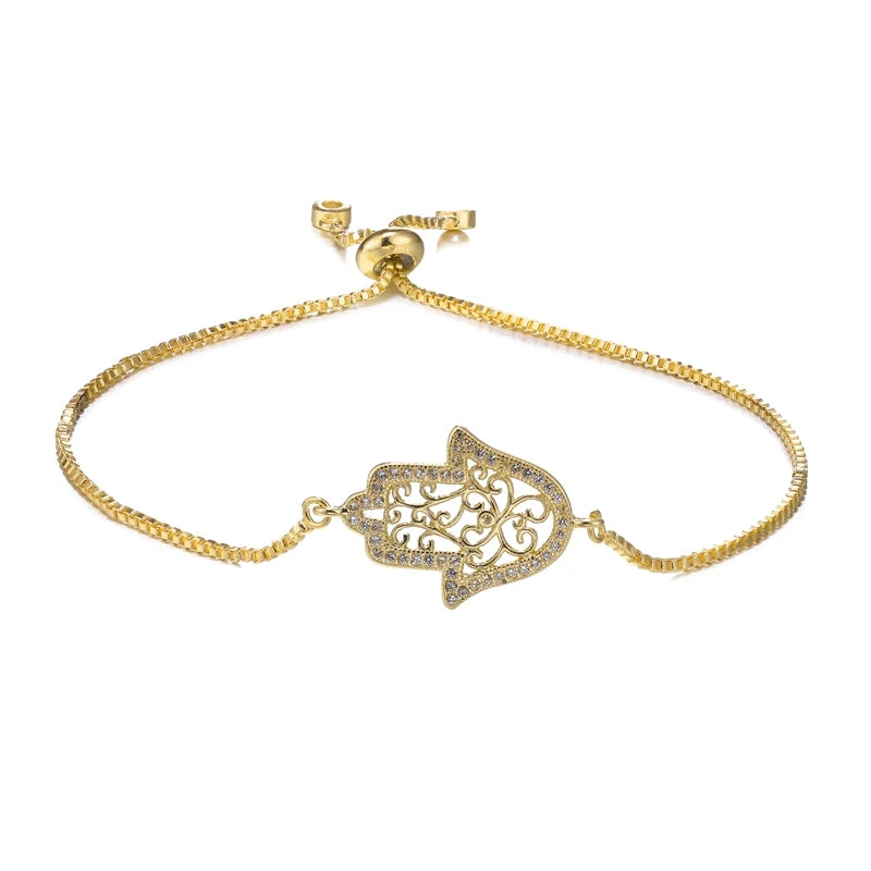Juya Handmade Copper Adjustable Chains Micro Pave Zircon Enamel Greek Evil Eye Of Fatima Hamsa Hand Bracelets For Women Men