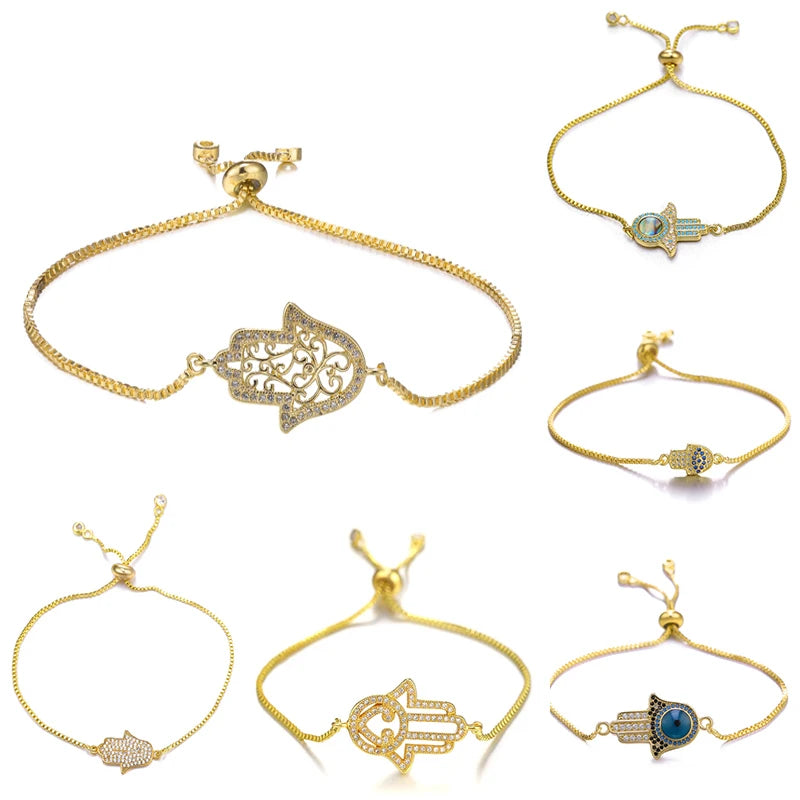 Juya Handmade Copper Adjustable Chains Micro Pave Zircon Enamel Greek Evil Eye Of Fatima Hamsa Hand Bracelets For Women Men