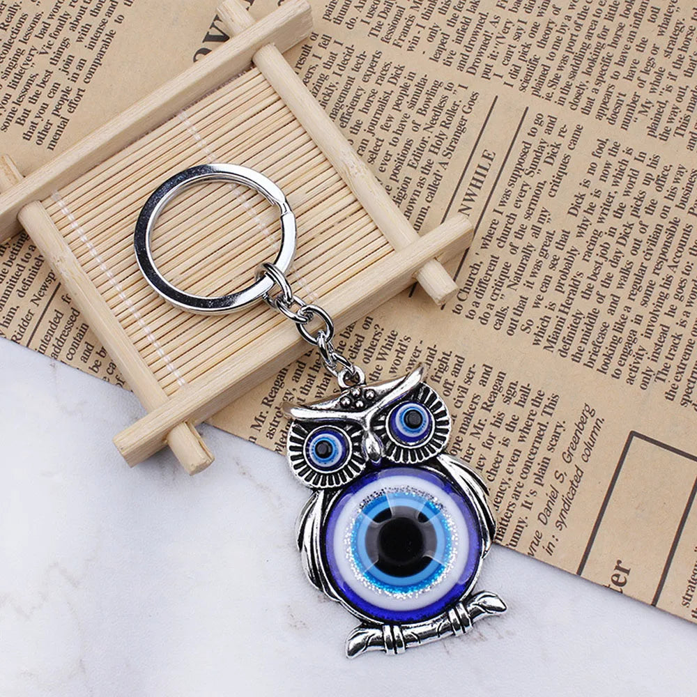Blue Evil Eye Owl Lucky Charm Car Key Chain Protection Tassel Hanger Crystals Car Key Chain Fashion Jewelry Gift Car Accessories