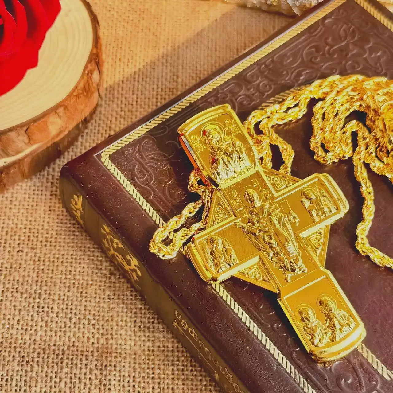 Gold Plated Orthodox Cross Necklace Engraved Saint Icon Pattern Religious Pendant for Christian Prayer Church Jewelry and Faith