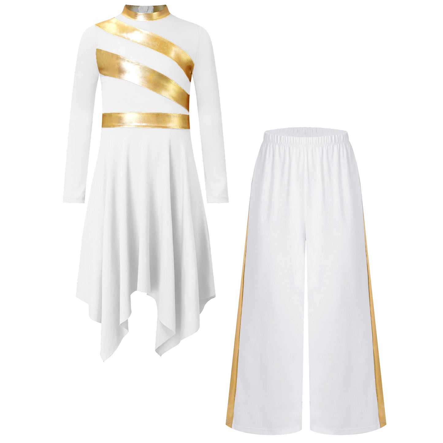 Kids Girls Praise Clothes Set Ballet Lyrical Performance Costume Metallic Church Christian Worship Robe Dress Tunic Dancewear