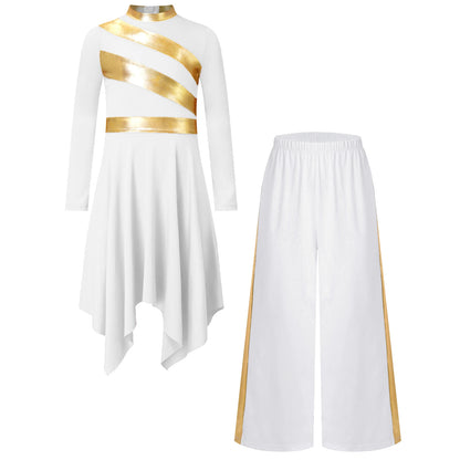 Kids Girls Praise Clothes Set Ballet Lyrical Performance Costume Metallic Church Christian Worship Robe Dress Tunic Dancewear