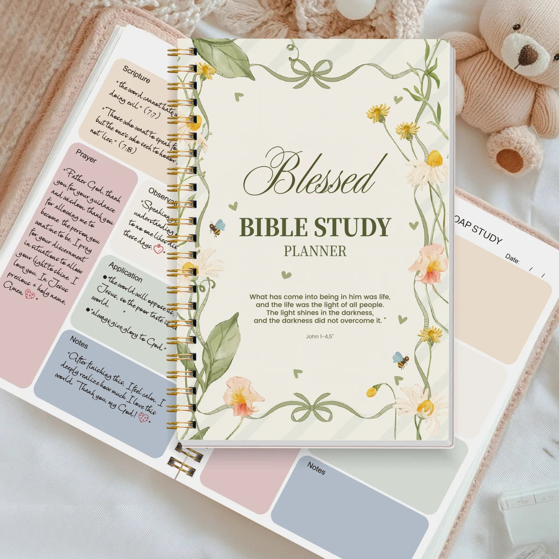 A5 SOAP Bible Study Planner Spiral Notebook for Women, Christian Prayer Journal with Scripture Observation Application Pages