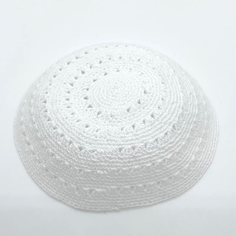 White DMC Kippah Dome Handmade Knitted Yarmulke Kippot 16/19cm Dome