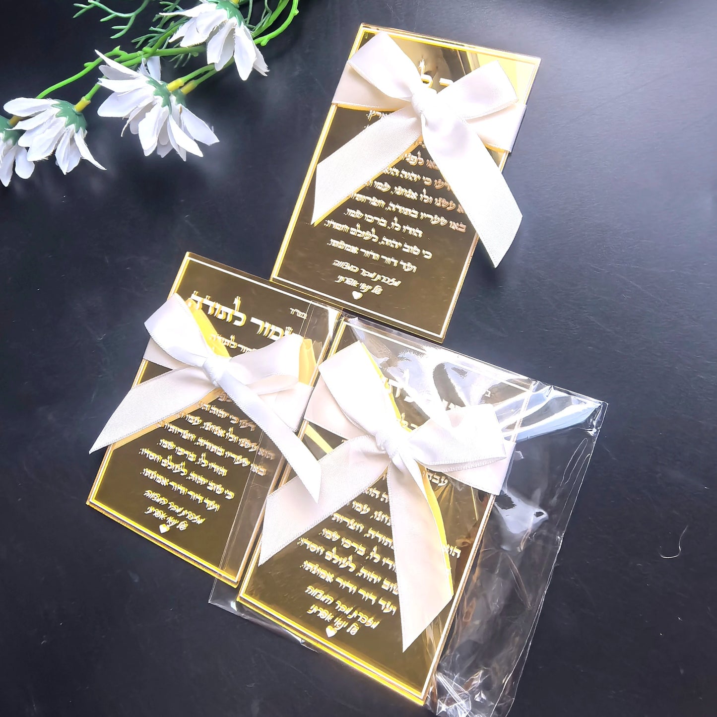 Hot Mirror Gold Custom Wedding Invitation Card,Acrylic Hebrew,Prayer Blessings,Candle Design Bar Mitzvah Wood,Souvenir,Tied Bow