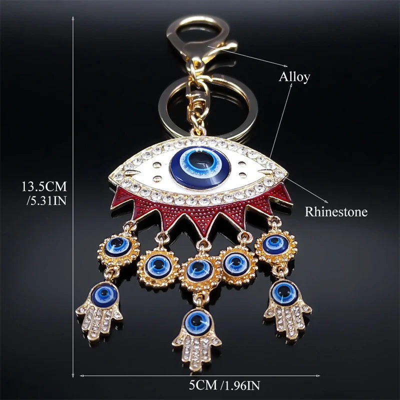 Turkish Lucky Blue Eye Keychain for Women Men Gold Color Metal Hamsa Hand Pendant Charms Bag Car Key Chain Ring Jewelry K9027S01
