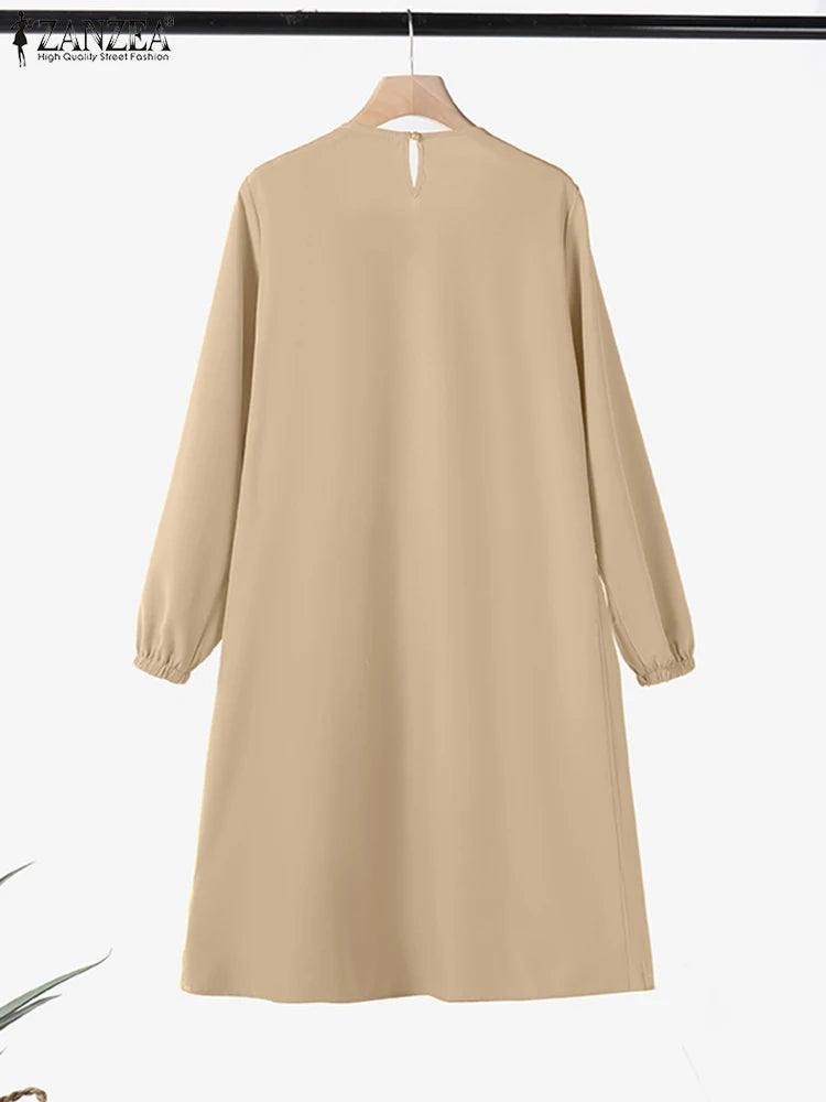 ZANZEA Women Chic Long Tops Islamic Muslim Fashion Hijab O-Neck Wrapped Pleated Hem Blouses Modest Tied Long Sleeve Solid Tunics