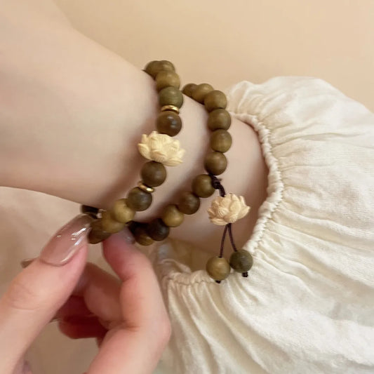 Lotus Sandalwood Bangle Wood Beaded Strand Bracelets Green Natural Sandalwood Bracelet Elastic Handwoven Rosary Jewelry