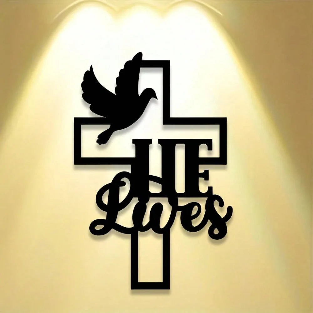 Faith Hope Love Christian Cross Metal Wall Art 15.75in Black Gold Dove Home Decor