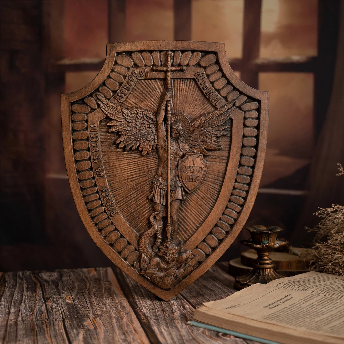 Archangel Michael Shield, Handmade Christian Sculpture, Wooden Icon, Wall Hanging Vintage Wall Art, 14 Inch, Free Shipping