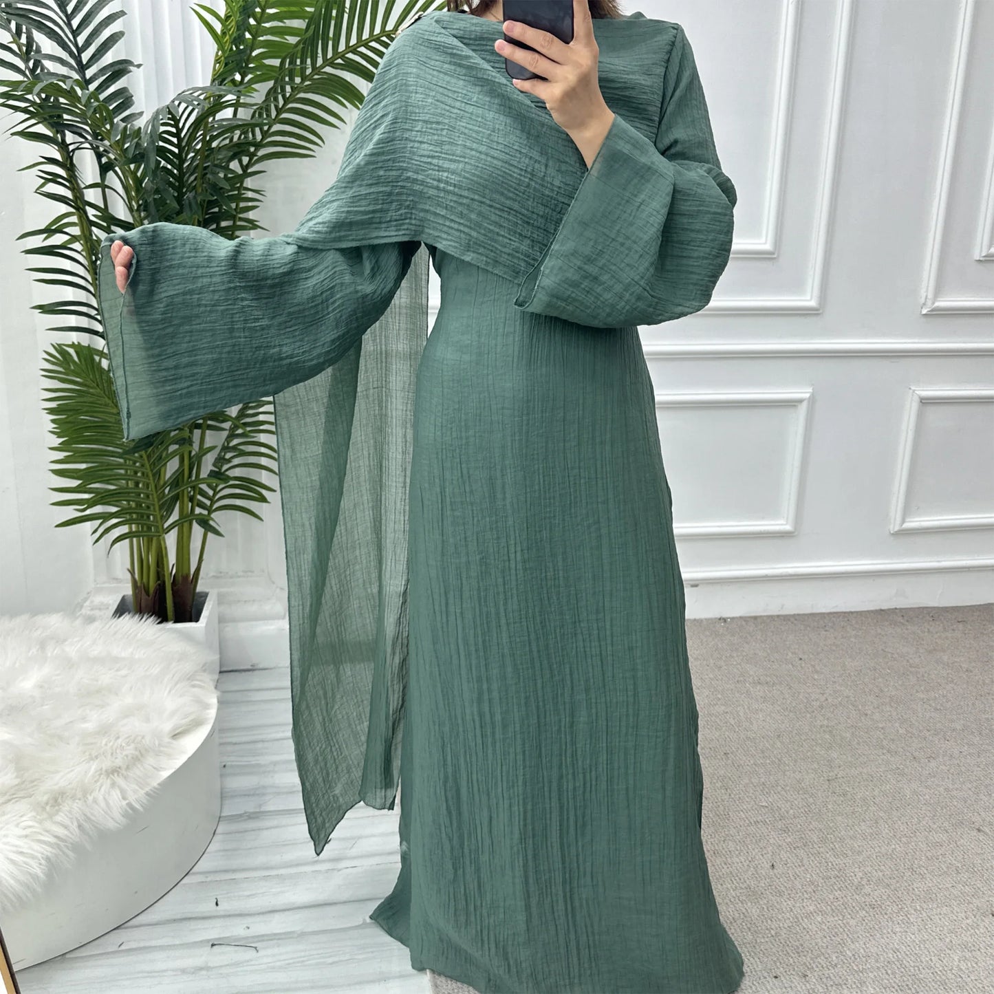 Sweet Slim-Fit Hijabi Abaya Dress-Fixed Long Scarf, Integrated Waist Belts, Decorative Pin. Ramadan Eid Party Muslim Women Dress