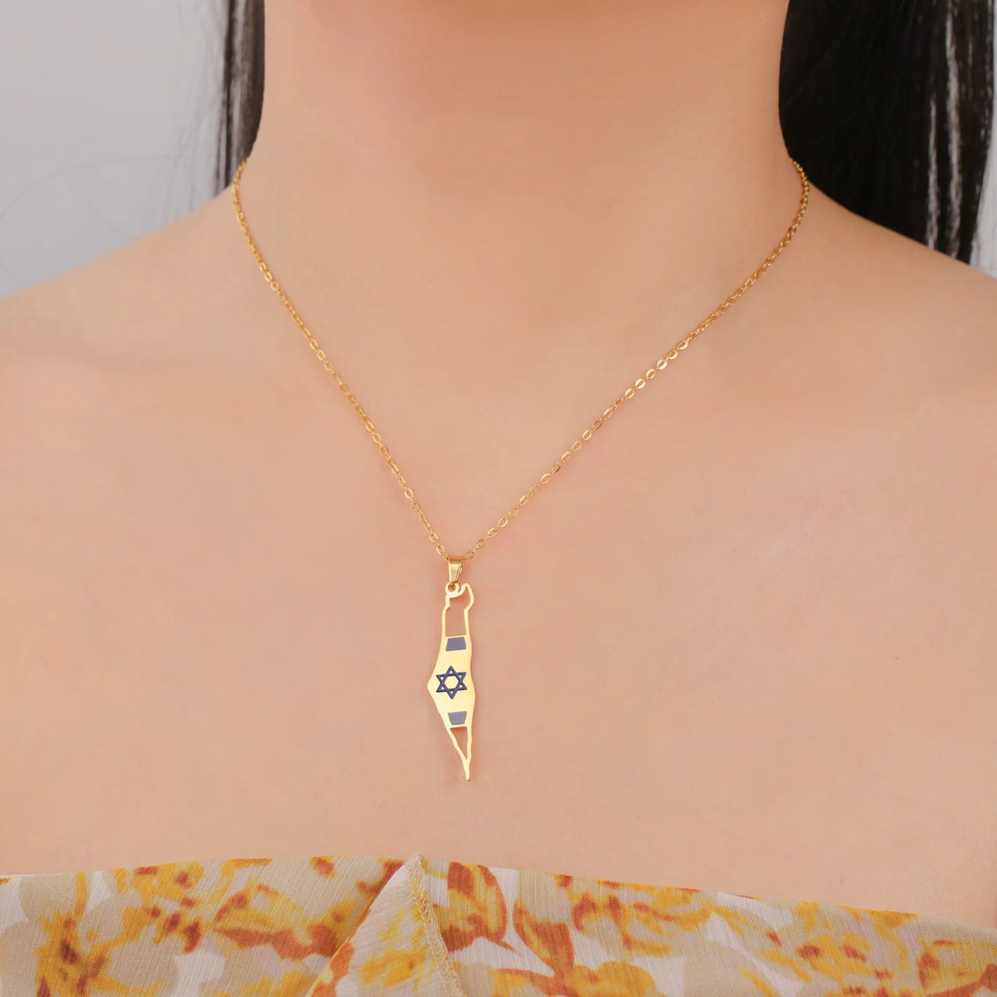 EUEAVAN Israel Palestine Map Necklaces for Women Men Stainless Steel Hebrew Star of David Pendant Jewish Jewelry Gifts Wholesale