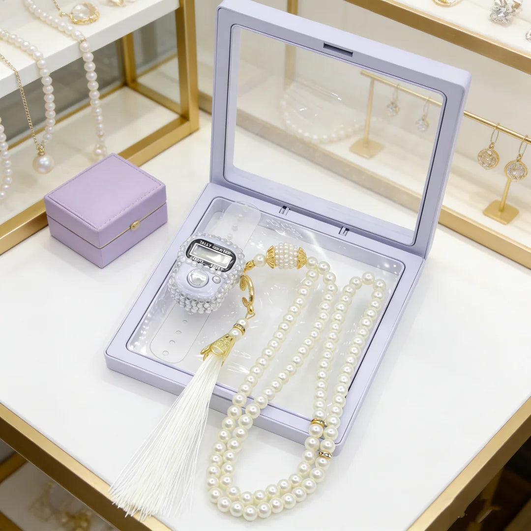 Islamic Prayer Beads Gift Set 99 Beads Tasbih Digital Finger Counter in Gift Box Muslim Set Meaningful Gift for Ramadan