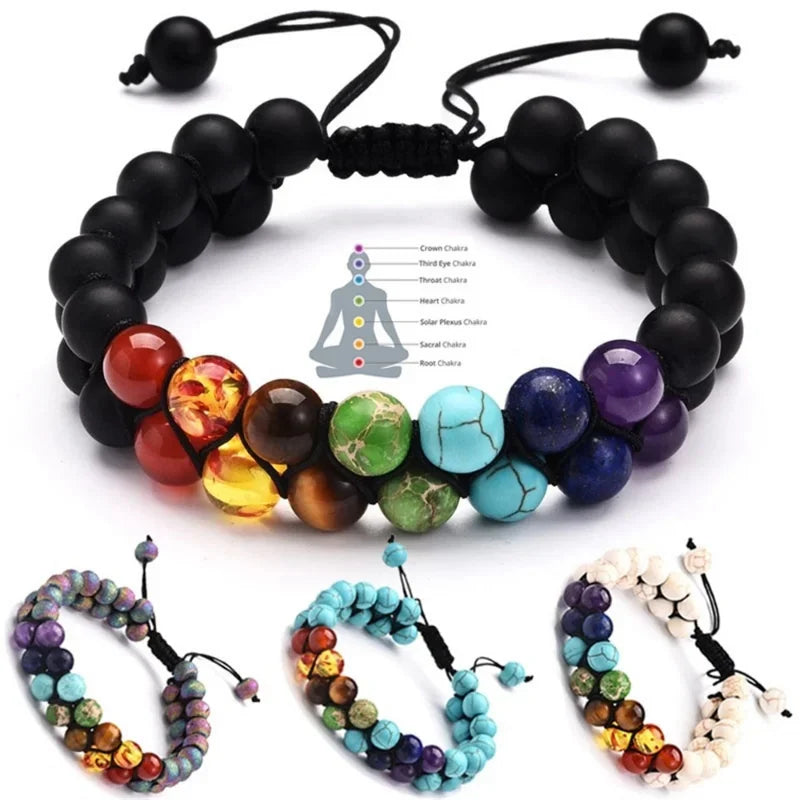 Double Layer 7 Chakra Bracelets for Women Men Indian Yoga Bracelet Chakra Pray Lava Stone Beads Bangles Bracelet Healing Jewelry