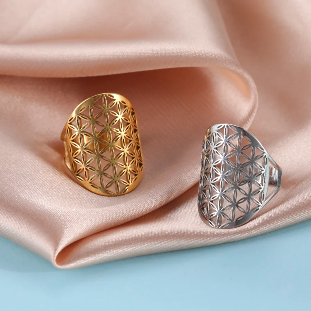 Unift Sacred Geometry Flower of Life Ring Adjustable Stainless Steel Ring Men Women Accessories Vintage Filigree Jewelry Gifts