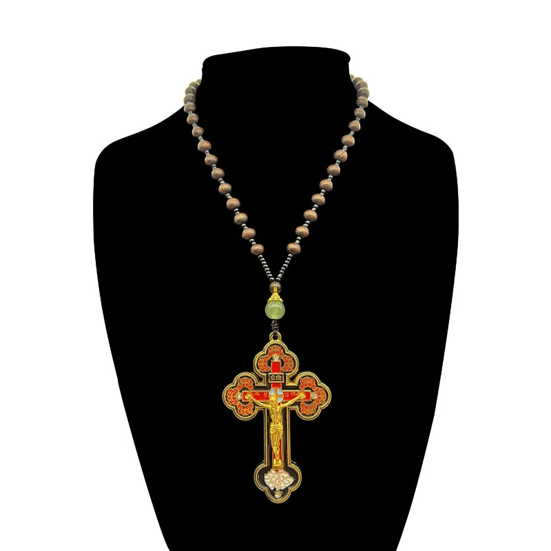 HTISOK Orthodox Crucifix Gold Cross Necklace Wooden Rosary Beaded Chain Religious Jesus Prayer Jewelry