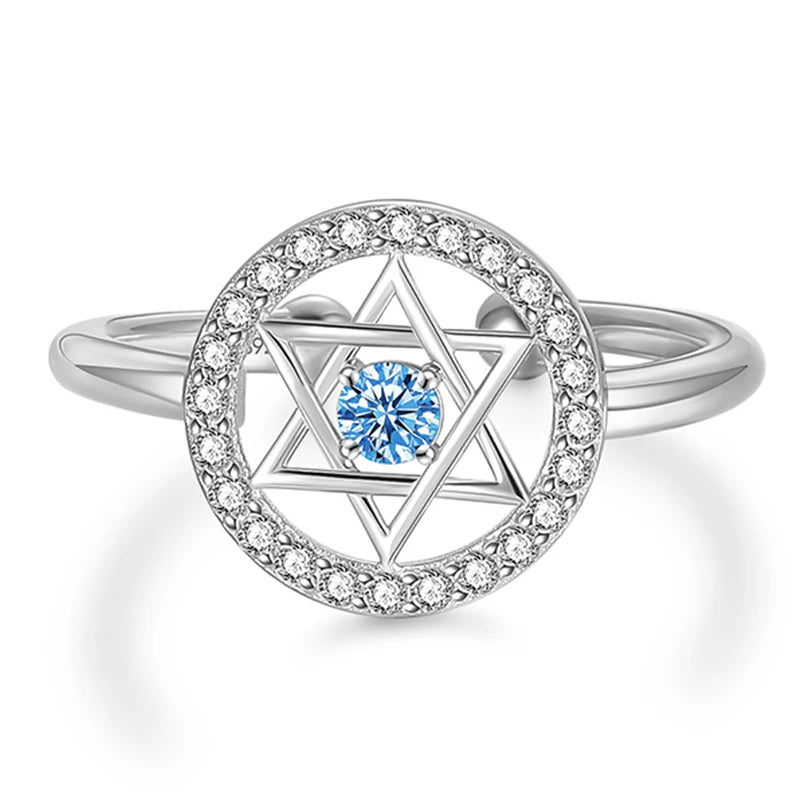 Trumium Jewish Star of David Rings for Women 925 Sterling Silver Blue Zirconia Open Finger Ring Protection Amulet Jewelry Gifts