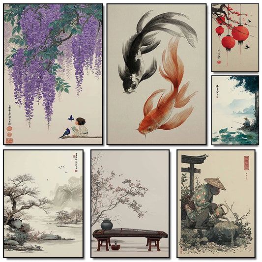 Modern Minimalist Chinese Style Zen Fishing Natural Scenery Poster Canvas Paintings Wall Art Pictures Office Home Decor