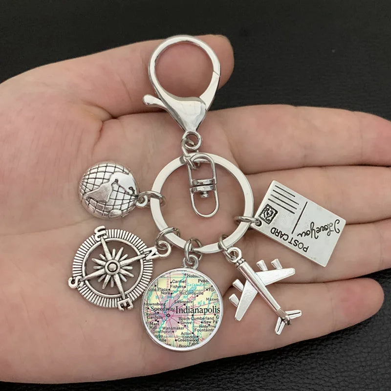 New ideas Earth plane keychain pendant earth compass personality memorial key ring gift for travel lovers