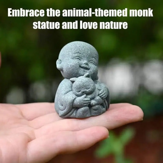 §Embracing Animal Monk Statue, Resin, Stone Zen Garden Decoration, Serene Smiling Sculpture