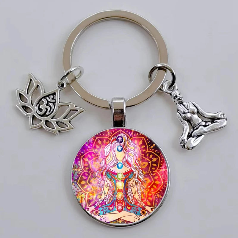 Indian Buddha Meditation 7 Chakra Mandala Psychedelic Yoga Glass Cabochon Keychain Ornament