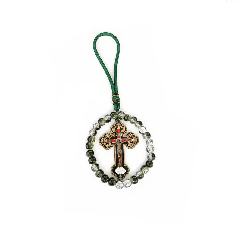 Handcrafted Orthodox Catholic Car Rosary with Clear Glass Beads Crucifix Pendant for Auto Interior Home Altar Christian Gift Dec