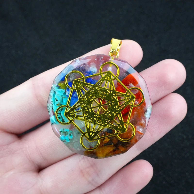 35mm Hexagon Shape 7 Chakra Orgonite Energy Pendant Healing Energy Crystal Beads for Yoga Meditation Spiritual Amulet Orgonite