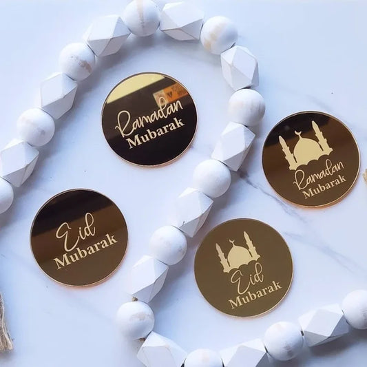 10Pcs EID Mubarak Cupcake Charms Ramadan Engraved Mirror Acrylic Gift Tag Muslim Islamic Eid Al Adha Cupcake Topper Table Decor