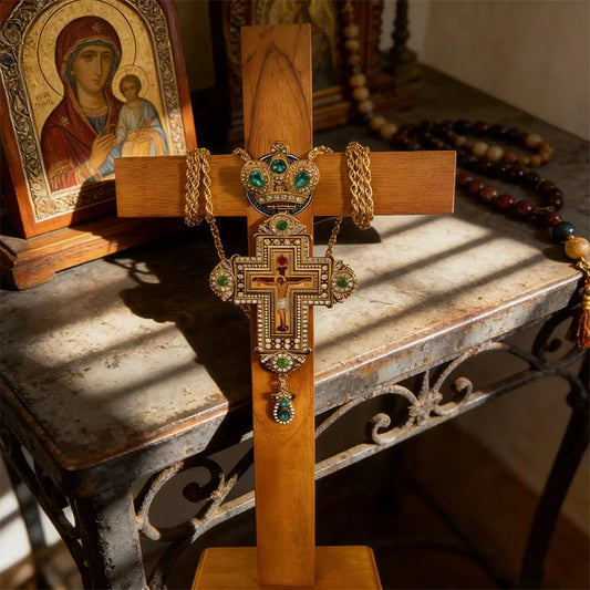 New Premium Green Gemstone Gold Orthodox Clergy Cross Necklace Pectoral Crucifix Pendant for Church Ceremony and Sacred Blessing