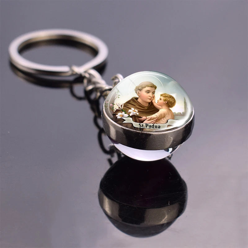 Religious Keychain St Francis Double Sided Key Chains Catholic Glass Ball Pendant Keyring Jewelry Keychain Jesus Christian Gifts