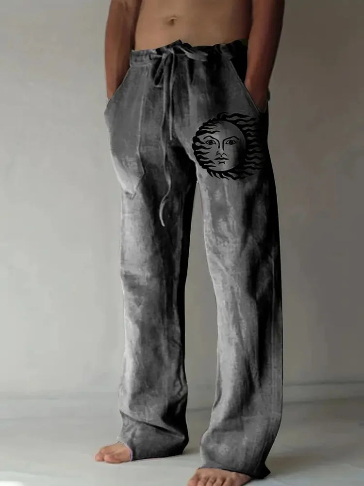 Retro Compass Printed Men's Casual Pants Harajuku Street Trendy Men's Straight Leg Pants Casual High Waisted Drawstring Pants