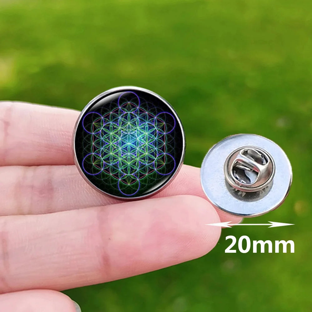 Metatron Cube Stainless Steel Pin Badge Sri Yantra Sacred Geometry Glass Brooch for Men Women Bag Decoration
