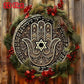 2D Flat Hamsa Hand Star of David Round Metal Tin Sign - Hebrew Blessing Themed Wall Decor, Spiritual Jewish Art for Home, Medita