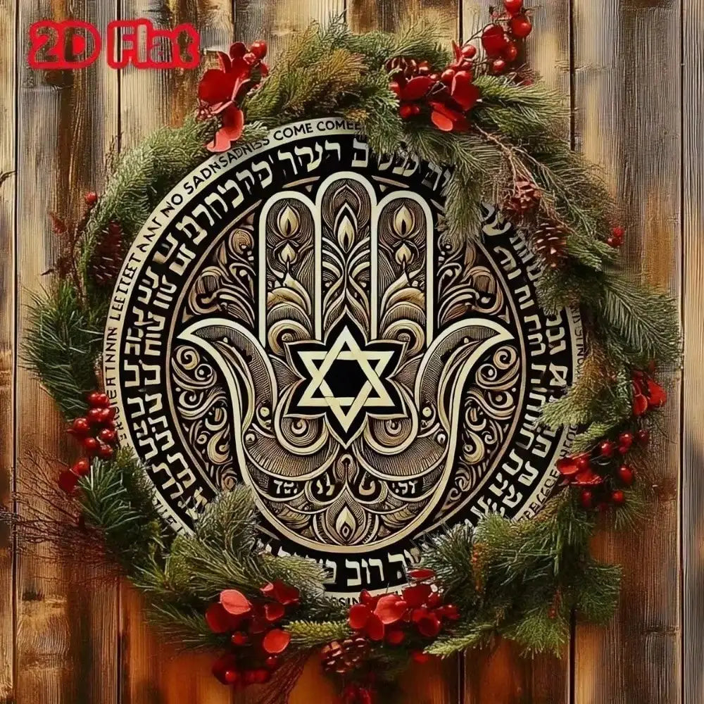 2D Flat Hamsa Hand Star of David Round Metal Tin Sign - Hebrew Blessing Themed Wall Decor, Spiritual Jewish Art for Home, Medita