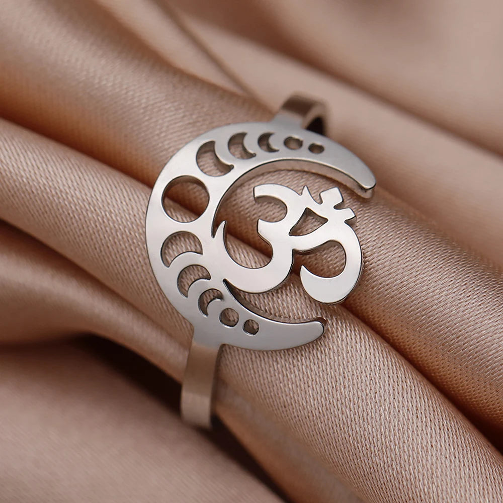 Dawapara Buddhism Spiritual OM Ohm Symbol Adjustable Ring Spiral Sacred Geometry Finger Ring Stainless Steel Jewelry